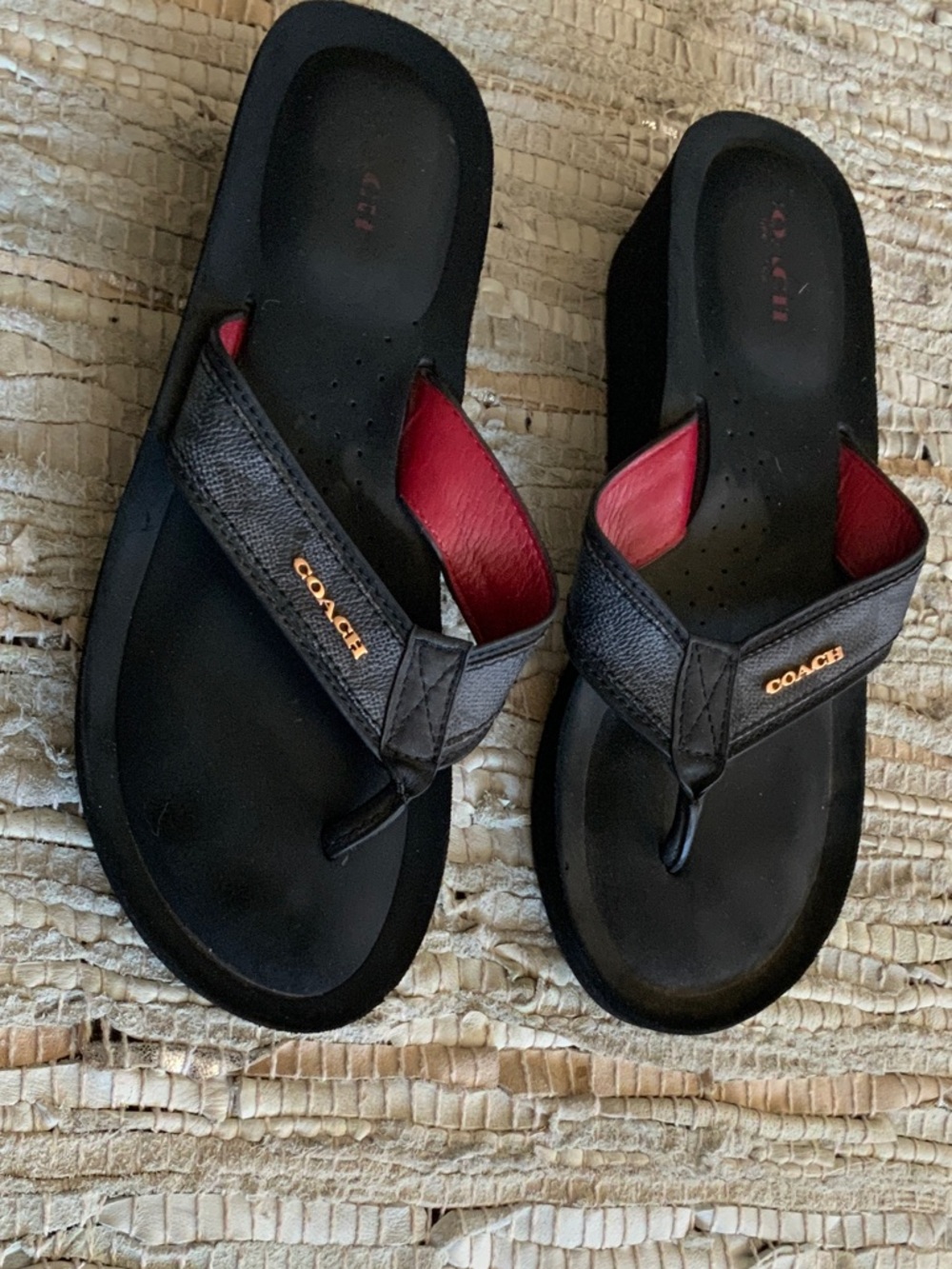 Coach Black Flip Flops with Red Lining and Gold Logo - Picture 2 of 4